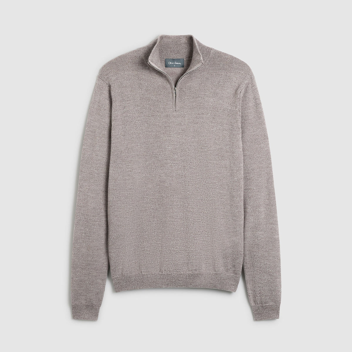 A light gray half-zip knit sweater with a mock neck collar, displayed flat against a solid beige background. Oliver Sweeney Sweater available at Sakks Menswear in Southampton.