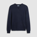 A dark navy blue crewneck sweater displayed flat against a light gray background. Oliver Sweeney Sweater available at Sakks Menswear in Southampton.