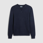A dark navy blue crewneck sweater displayed flat against a light gray background. Oliver Sweeney Sweater available at Sakks Menswear in Southampton.