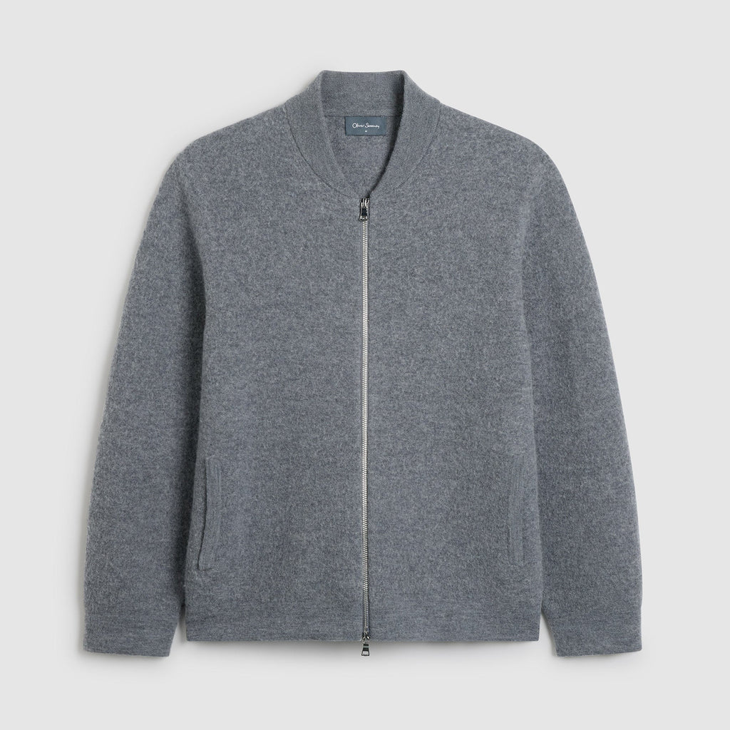 A gray zip-up knit cardigan sweater with a ribbed collar, displayed flat against a light gray background. Oliver Sweeney Cardigan available at Sakks Menswear in Southampton.