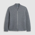 A gray zip-up knit cardigan sweater with a ribbed collar, displayed flat against a light gray background. Oliver Sweeney Cardigan available at Sakks Menswear in Southampton.