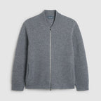 A gray zip-up knit cardigan sweater with a ribbed collar, displayed flat against a light gray background. Oliver Sweeney Cardigan available at Sakks Menswear in Southampton.