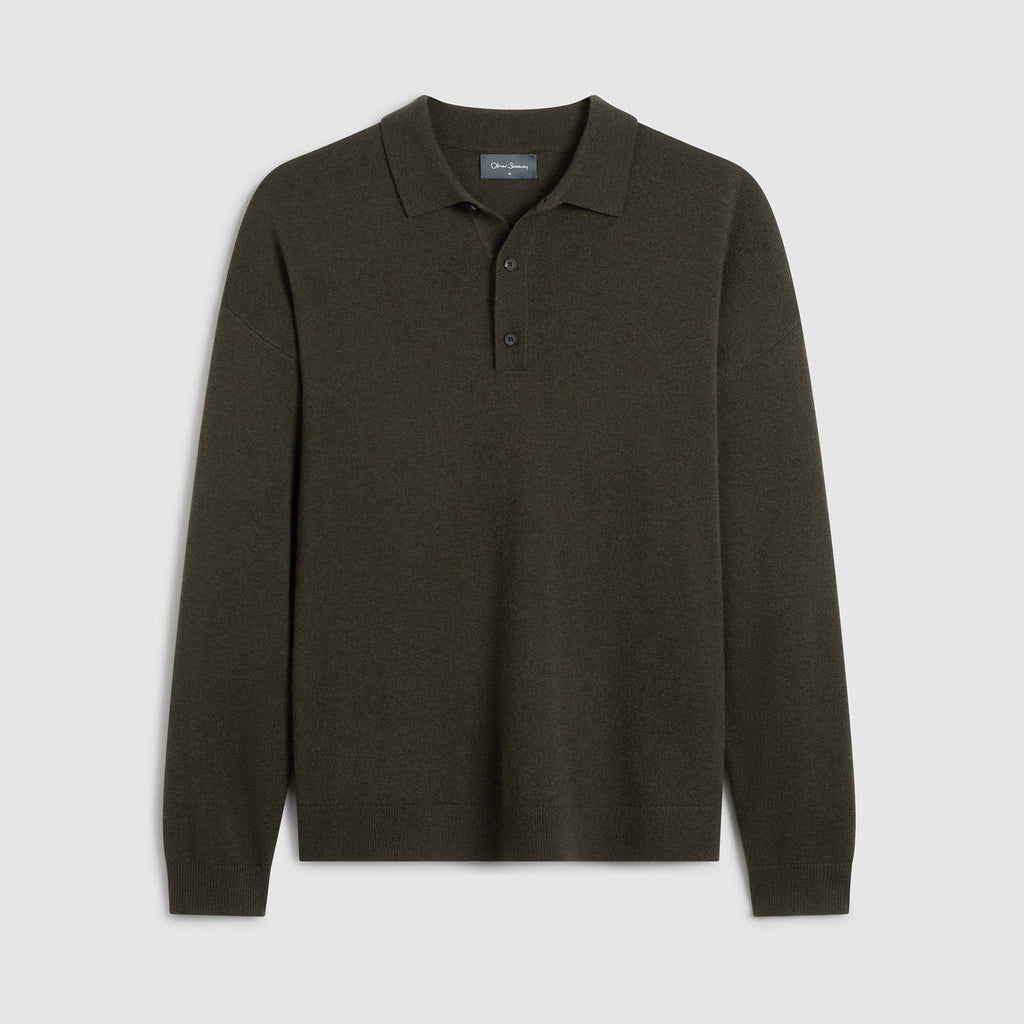 Green long sleeve knitted polo shirt laid flat on a light grey background. Features button up closure and a relaxed fit. Oliver Sweeney Knitwear available at Sakks Menswear in Southampton.