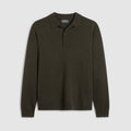 Green long sleeve knitted polo shirt laid flat on a light grey background. Features button up closure and a relaxed fit. Oliver Sweeney Knitwear available at Sakks Menswear in Southampton.