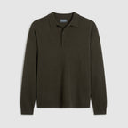 Green long sleeve knitted polo shirt laid flat on a light grey background. Features button up closure and a relaxed fit. Oliver Sweeney Knitwear available at Sakks Menswear in Southampton.