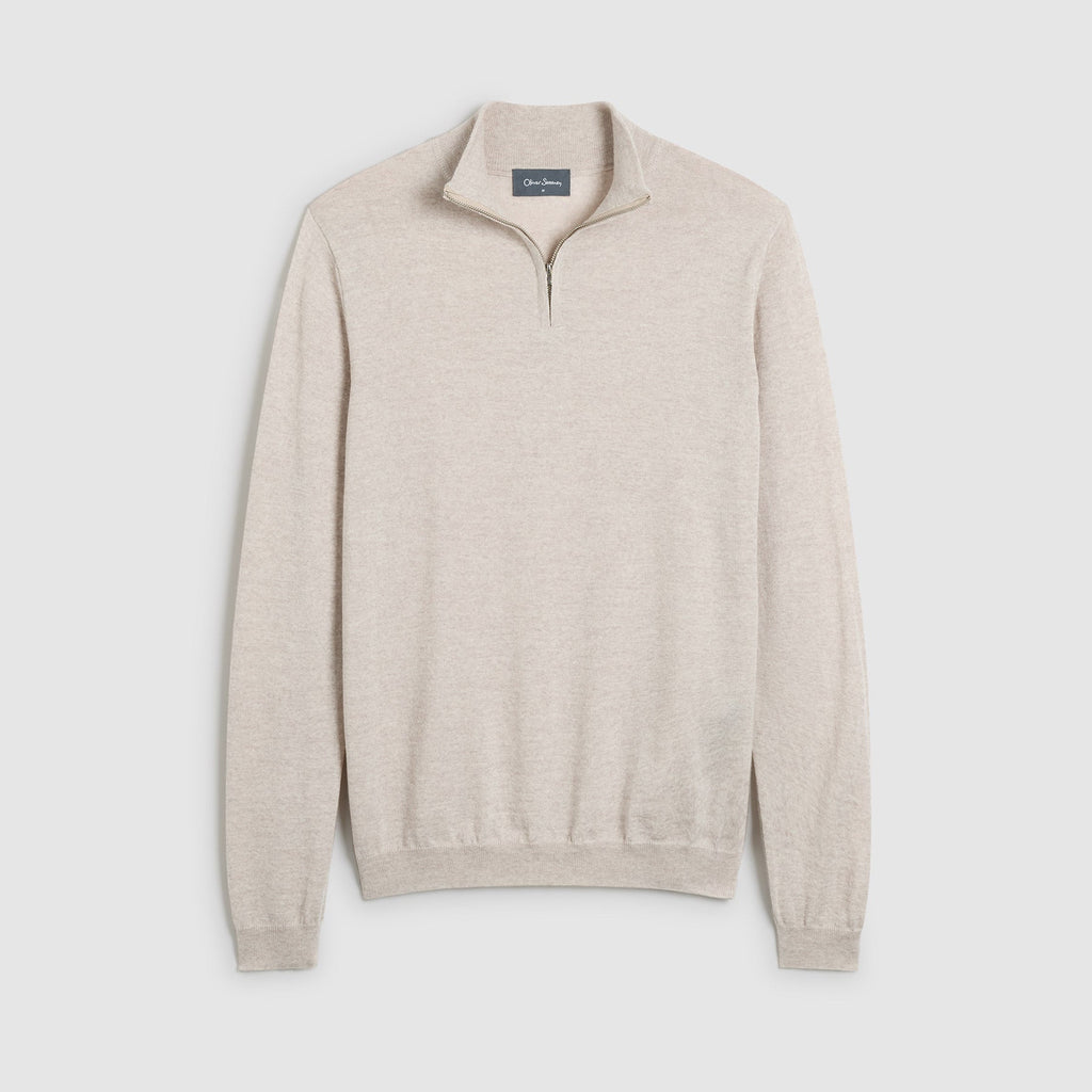 A light beige half-zip knit sweater with a mock neck collar, displayed flat against a light gray background. Oliver Sweeney knitwear available at Sakks Menswear in Southampton.