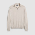 A light beige half-zip knit sweater with a mock neck collar, displayed flat against a light gray background. Oliver Sweeney knitwear available at Sakks Menswear in Southampton.