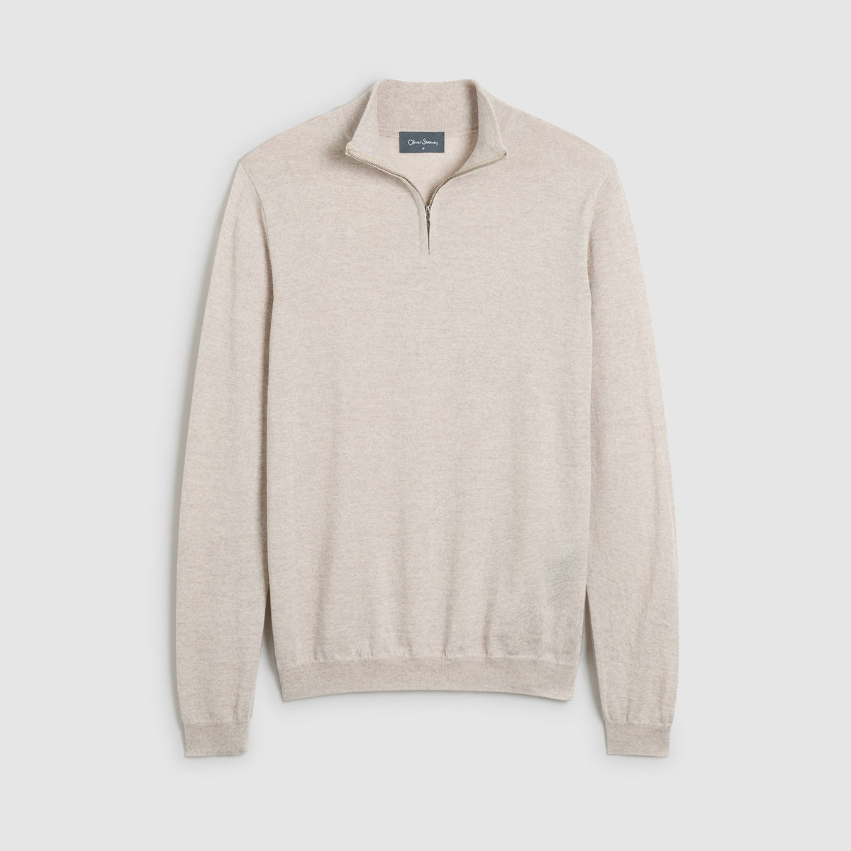 A light beige half-zip knit sweater with a mock neck collar, displayed flat against a light gray background. Oliver Sweeney knitwear available at Sakks Menswear in Southampton.