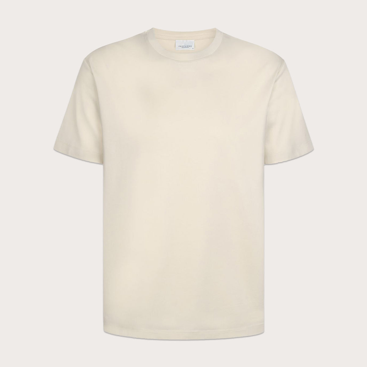 Off-White coloured pima cotton short sleeve t-shirt positioned in front of a light grey background. Profuomo T-Shirts are available at Sakks Menswear in Southampton.