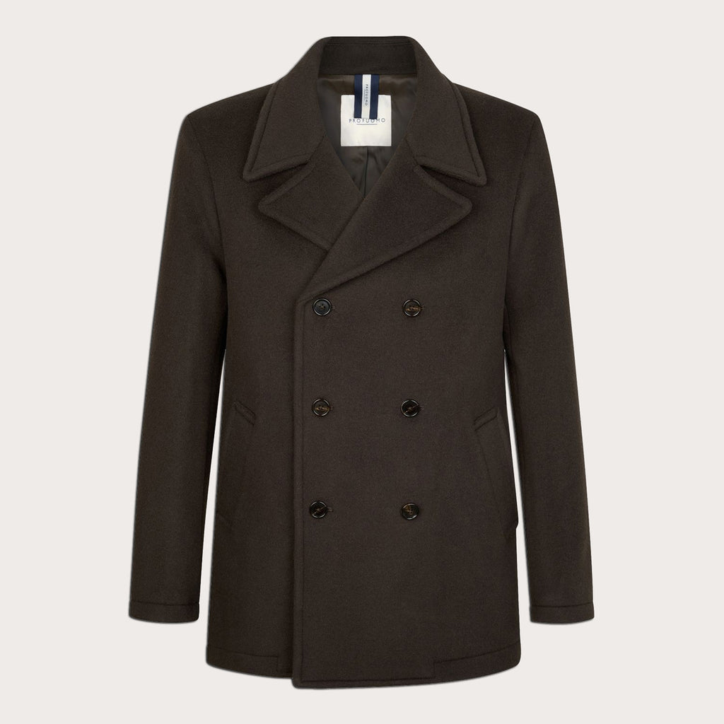 A dark brown double-breasted wool-blend coat with a notch lapel and dark buttons, shown on a light beige background. Profuomo coat available at Sakks Menswear in Southampton.