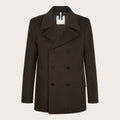 A dark brown double-breasted wool-blend coat with a notch lapel and dark buttons, shown on a light beige background. Profuomo coat available at Sakks Menswear in Southampton.