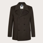 A dark brown double-breasted wool-blend coat with a notch lapel and dark buttons, shown on a light beige background. Profuomo coat available at Sakks Menswear in Southampton.