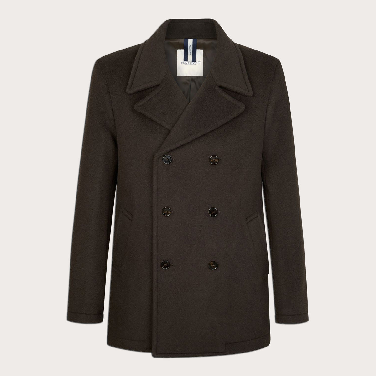 A dark brown double-breasted wool-blend coat with a notch lapel and dark buttons, shown on a light beige background. Profuomo coat available at Sakks Menswear in Southampton.