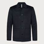A dark navy blue wool-blend jacket with a buttoned collar, front button closure, and two front patch pockets, shown on a light beige background. Profuomo Coat available at Sakks Menswear in Southampton.