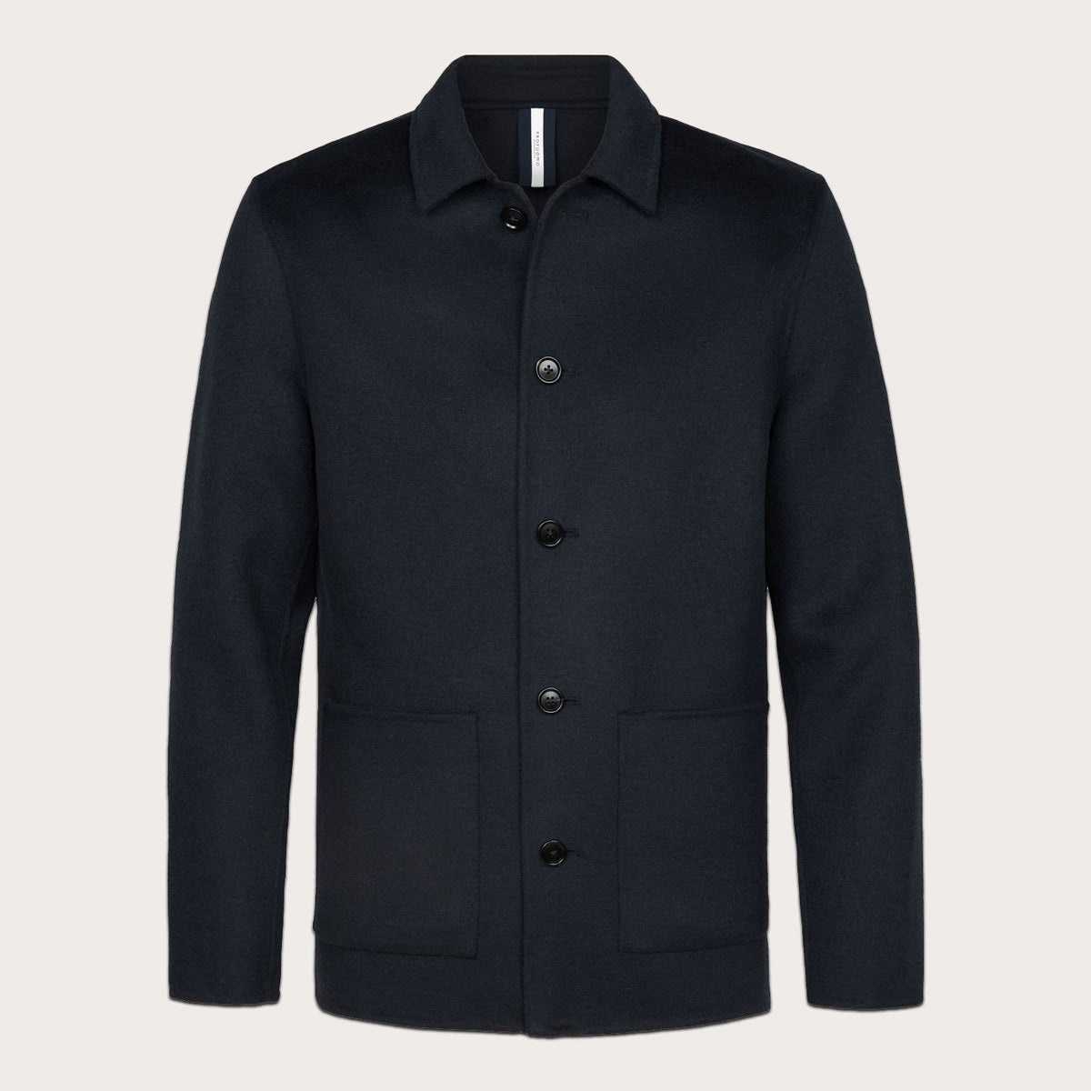 A dark navy blue wool-blend jacket with a buttoned collar, front button closure, and two front patch pockets, shown on a light beige background. Profuomo Coat available at Sakks Menswear in Southampton.