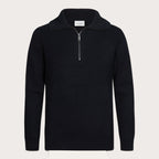 A dark navy ribbed knit quarter-zip sweater with a stand collar, displayed on a clean, light off-white background. Profuomo Knitwear available at Sakks Menswear in Southampton.