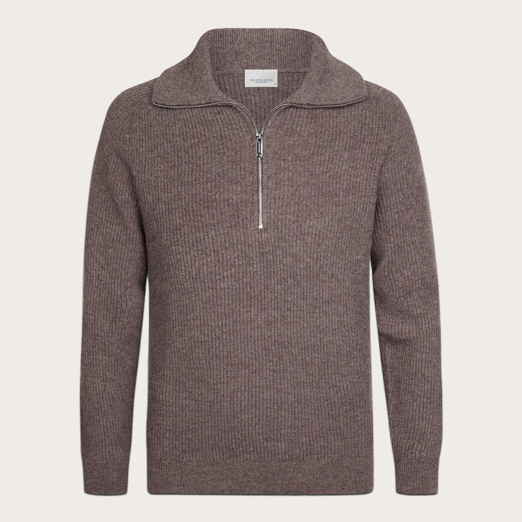 A ribbed knit quarter-zip sweater in a dusty mauve-brown color, featuring a mock neck collar and a silver zipper, shown on a light beige background. Profuomo Knitwear available at Sakks Menswear in Southampton.