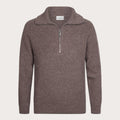 A ribbed knit quarter-zip sweater in a dusty mauve-brown color, featuring a mock neck collar and a silver zipper, shown on a light beige background. Profuomo Knitwear available at Sakks Menswear in Southampton.