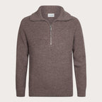 A ribbed knit quarter-zip sweater in a dusty mauve-brown color, featuring a mock neck collar and a silver zipper, shown on a light beige background. Profuomo Knitwear available at Sakks Menswear in Southampton.