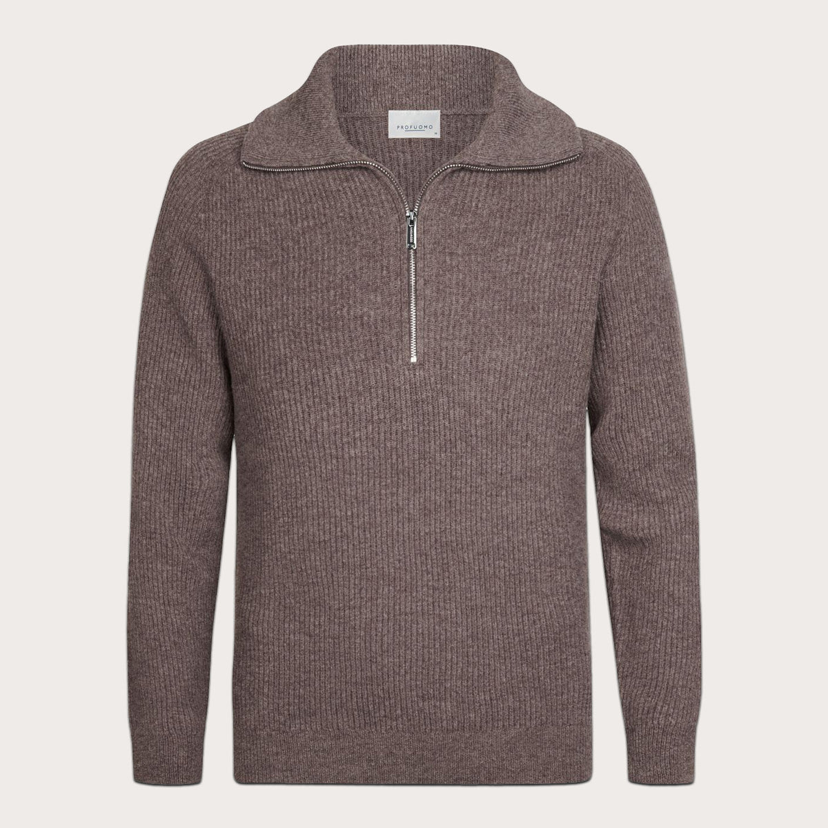 A ribbed knit quarter-zip sweater in a dusty mauve-brown color, featuring a mock neck collar and a silver zipper, shown on a light beige background. Profuomo Knitwear available at Sakks Menswear in Southampton.