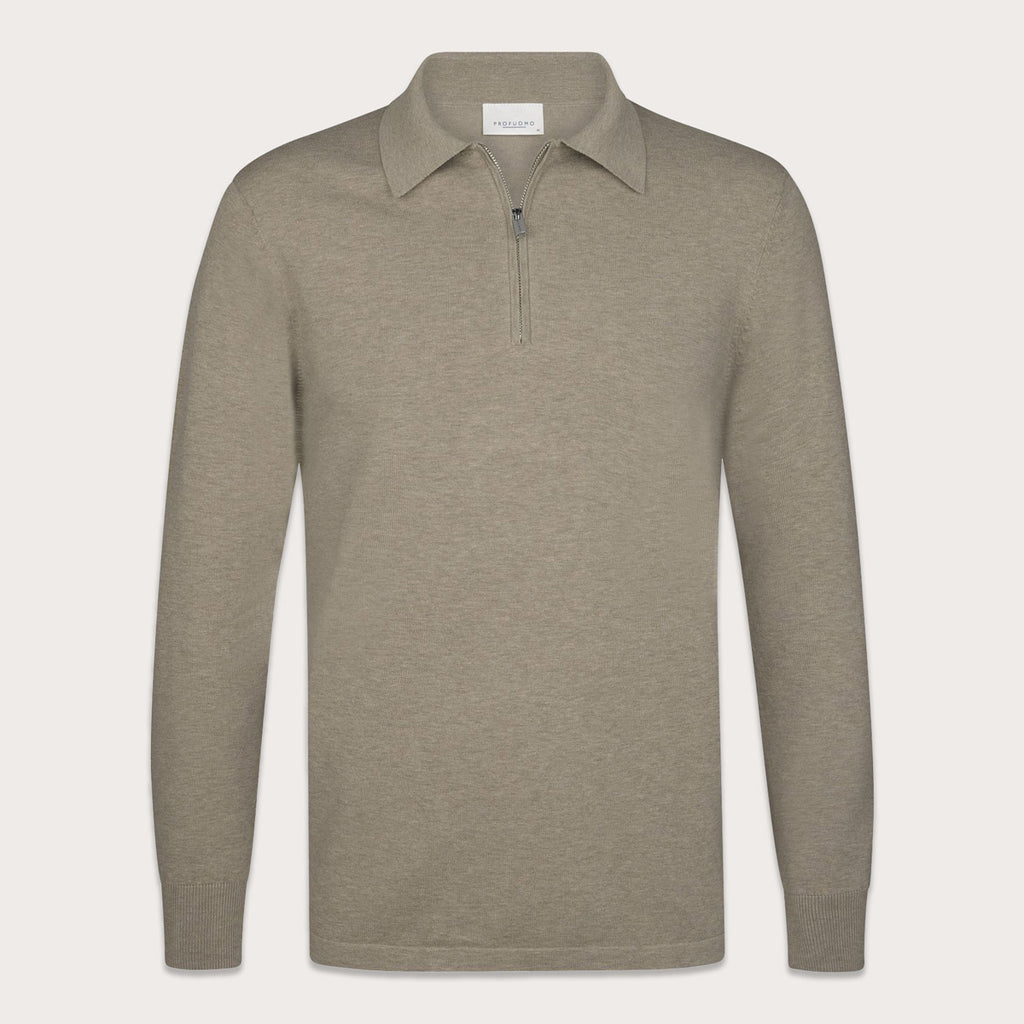 A long-sleeve polo shirt in a heathered taupe-beige color, featuring a short zipper at the collar, shown on a light beige background. Profuomo Polo available at Sakks Menswear in Southampton.