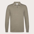 A long-sleeve polo shirt in a heathered taupe-beige color, featuring a short zipper at the collar, shown on a light beige background. Profuomo Polo available at Sakks Menswear in Southampton.