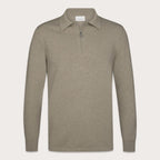 A long-sleeve polo shirt in a heathered taupe-beige color, featuring a short zipper at the collar, shown on a light beige background. Profuomo Polo available at Sakks Menswear in Southampton.