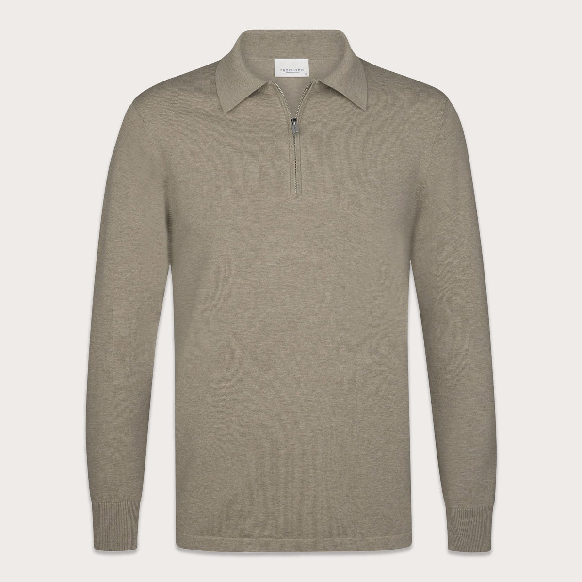 A long-sleeve polo shirt in a heathered taupe-beige color, featuring a short zipper at the collar, shown on a light beige background. Profuomo Polo available at Sakks Menswear in Southampton.