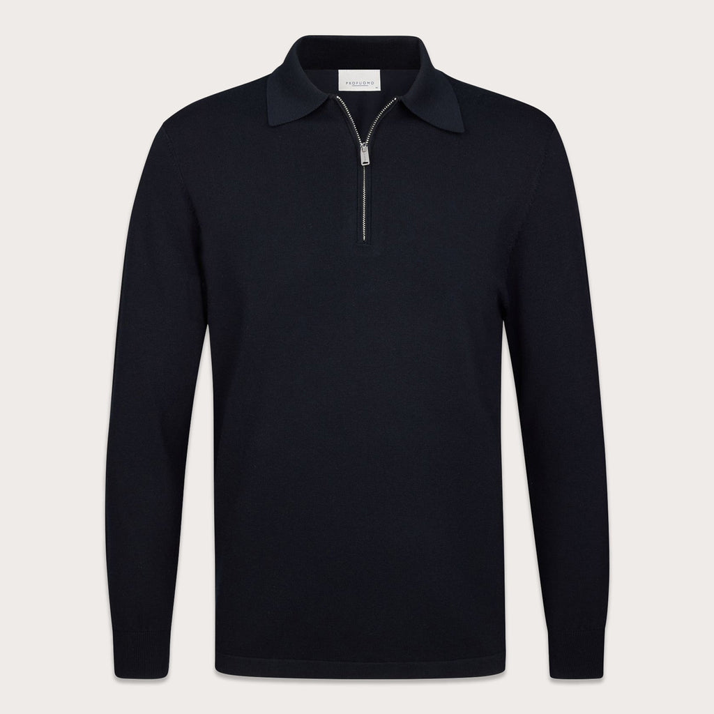 A dark navy long-sleeve quarter-zip polo sweater displayed on a clean, light beige background. Profuomo Polos available at Sakks Menswear in Southampton.