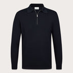A dark navy long-sleeve quarter-zip polo sweater displayed on a clean, light beige background. Profuomo Polos available at Sakks Menswear in Southampton.