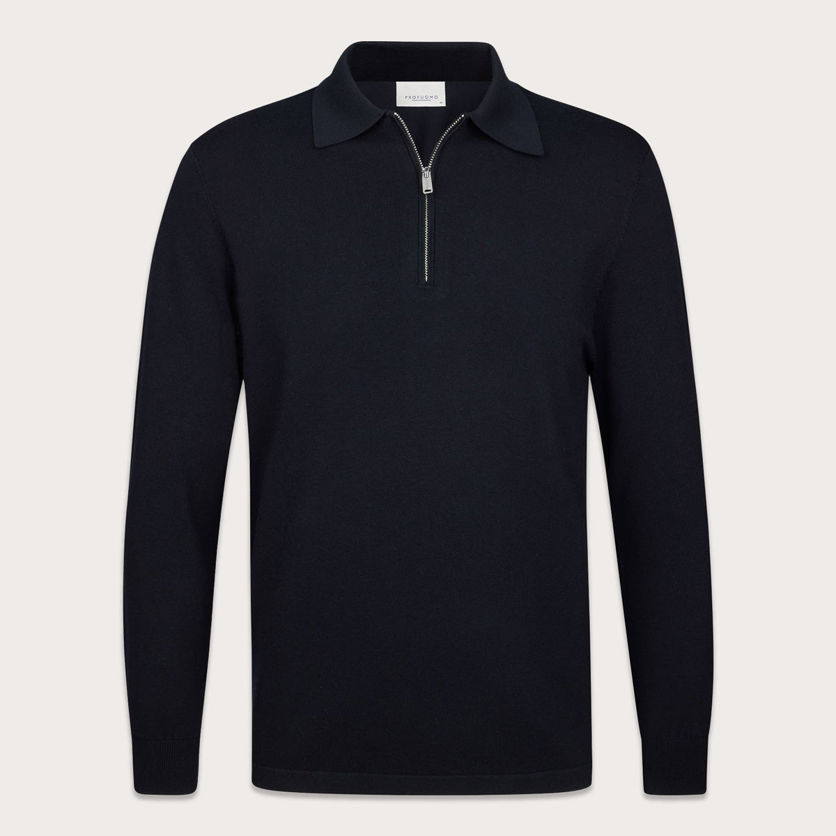A dark navy long-sleeve quarter-zip polo sweater displayed on a clean, light beige background. Profuomo Polos available at Sakks Menswear in Southampton.