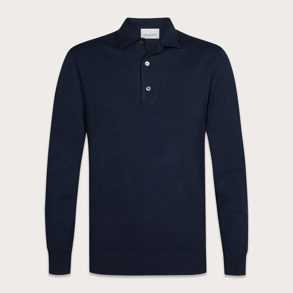 A dark navy blue long-sleeve polo shirt with a three-button placket, displayed on a clean, light beige background. Profuomo Polos available at Sakks Menswear in Southampton.