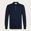 A dark navy blue long-sleeve polo shirt with a three-button placket, displayed on a clean, light beige background. Profuomo Polos available at Sakks Menswear in Southampton.