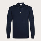 A dark navy blue long-sleeve polo shirt with a three-button placket, displayed on a clean, light beige background. Profuomo Polos available at Sakks Menswear in Southampton.