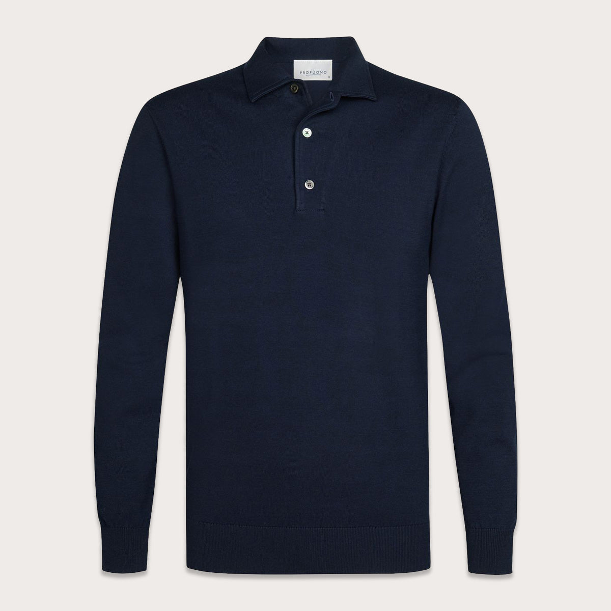 A dark navy blue long-sleeve polo shirt with a three-button placket, displayed on a clean, light beige background. Profuomo Polos available at Sakks Menswear in Southampton.