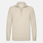A light beige knit quarter-zip sweater with a stand-up collar and a silver zipper, shown against a plain light gray background. Profuomo knitwear available at Sakks Menswear in Southampton.