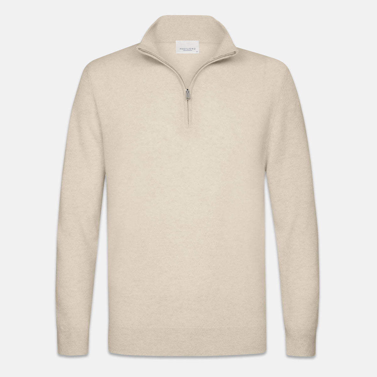 A light beige knit quarter-zip sweater with a stand-up collar and a silver zipper, shown against a plain light gray background. Profuomo knitwear available at Sakks Menswear in Southampton.