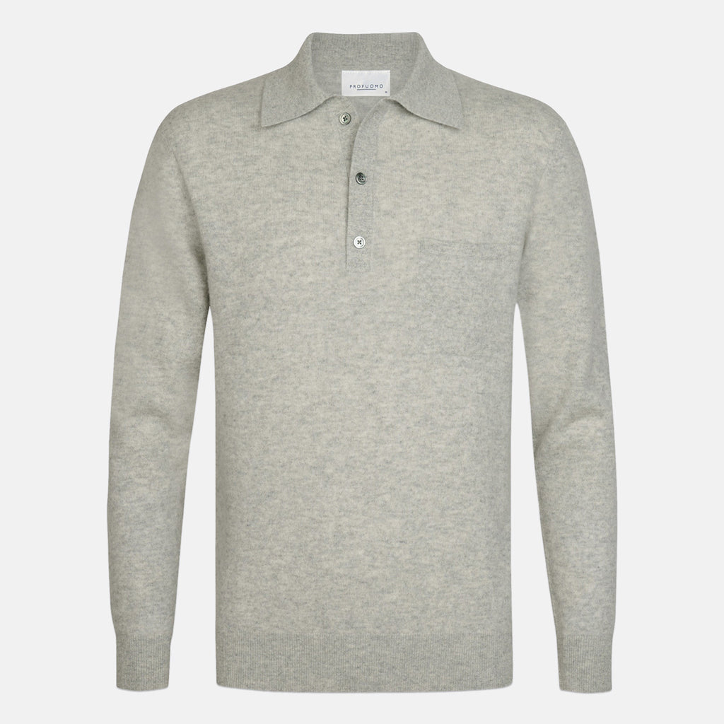 A light gray long-sleeve knit polo shirt with a three-button placket and a single chest pocket, shown on a clean white background. Profuomo Knitwear available at Sakks Menswear in Southampton.