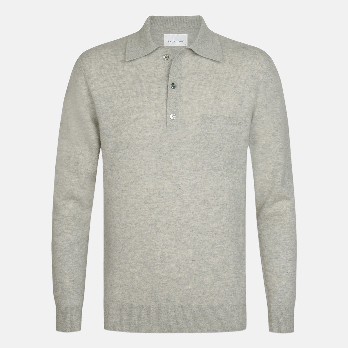 A light gray long-sleeve knit polo shirt with a three-button placket and a single chest pocket, shown on a clean white background. Profuomo Knitwear available at Sakks Menswear in Southampton.