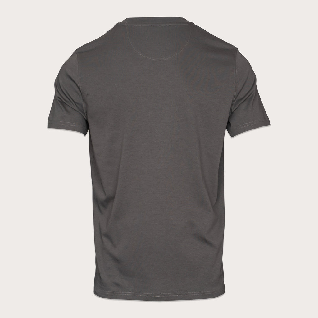 A dark gray crewneck t-shirt shown from the back, displayed on a light gray background. Thomas Maine T-Shirts available at Sakks Menswear in Southampton.