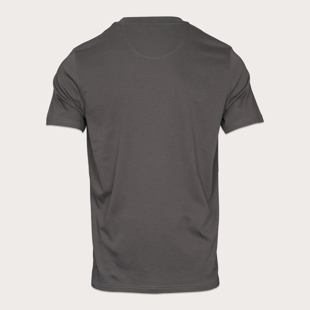 A dark gray crewneck t-shirt shown from the back, displayed on a light gray background. Thomas Maine T-Shirts available at Sakks Menswear in Southampton.
