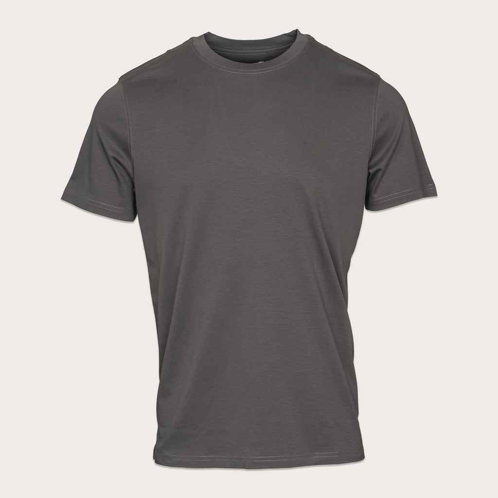 A dark gray short-sleeve crewneck t-shirt displayed on a neutral light beige background. Thomas Maine T-Shirts available at Sakks Menswear in Southampton.