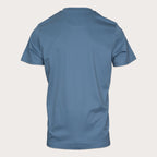 A blue short-sleeve crewneck t-shirt shown from the back, displayed on a light beige background. Thomas Maine T-Shirts available at Sakks Menswear in Southampton.