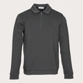 A dark gray long-sleeve quarter-zip pullover sweatshirt with a classic collar, displayed on a clean, light beige background. Thomas Maine Sweatshirt available at Sakks Menswear in Southampton.
