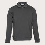 A dark gray long-sleeve quarter-zip pullover sweatshirt with a classic collar, displayed on a clean, light beige background. Thomas Maine Sweatshirt available at Sakks Menswear in Southampton.