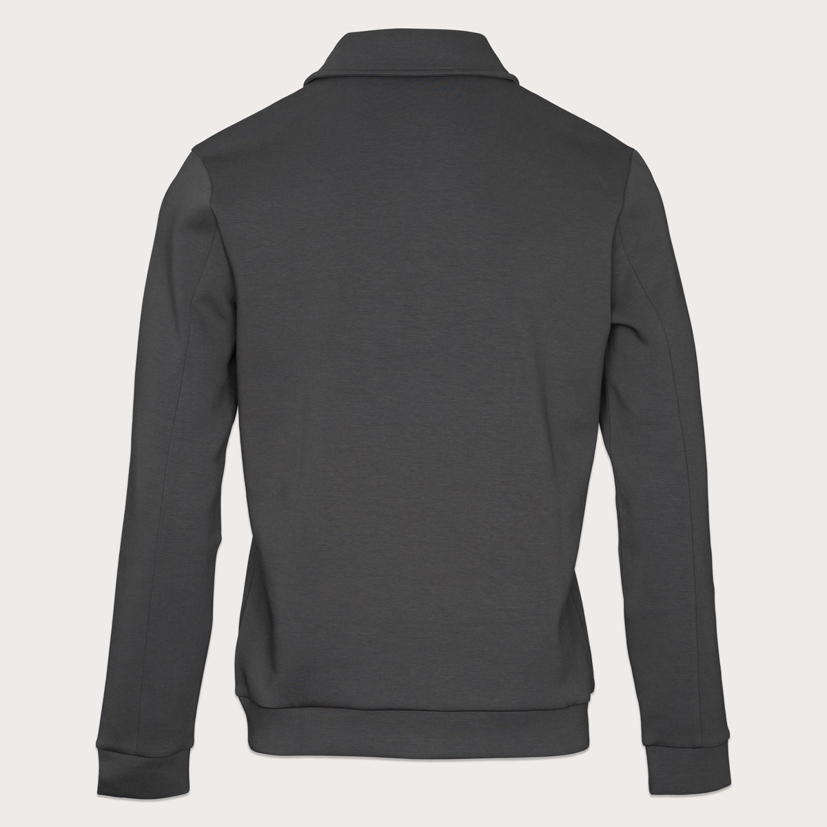 A dark gray long-sleeve quarter-zip sweatshirt shown from the back, featuring a ribbed collar, cuffs, and hem, set against a solid off-white background. Thomas Maine Sweatshirt available at Sakks Menswear in Southampton.