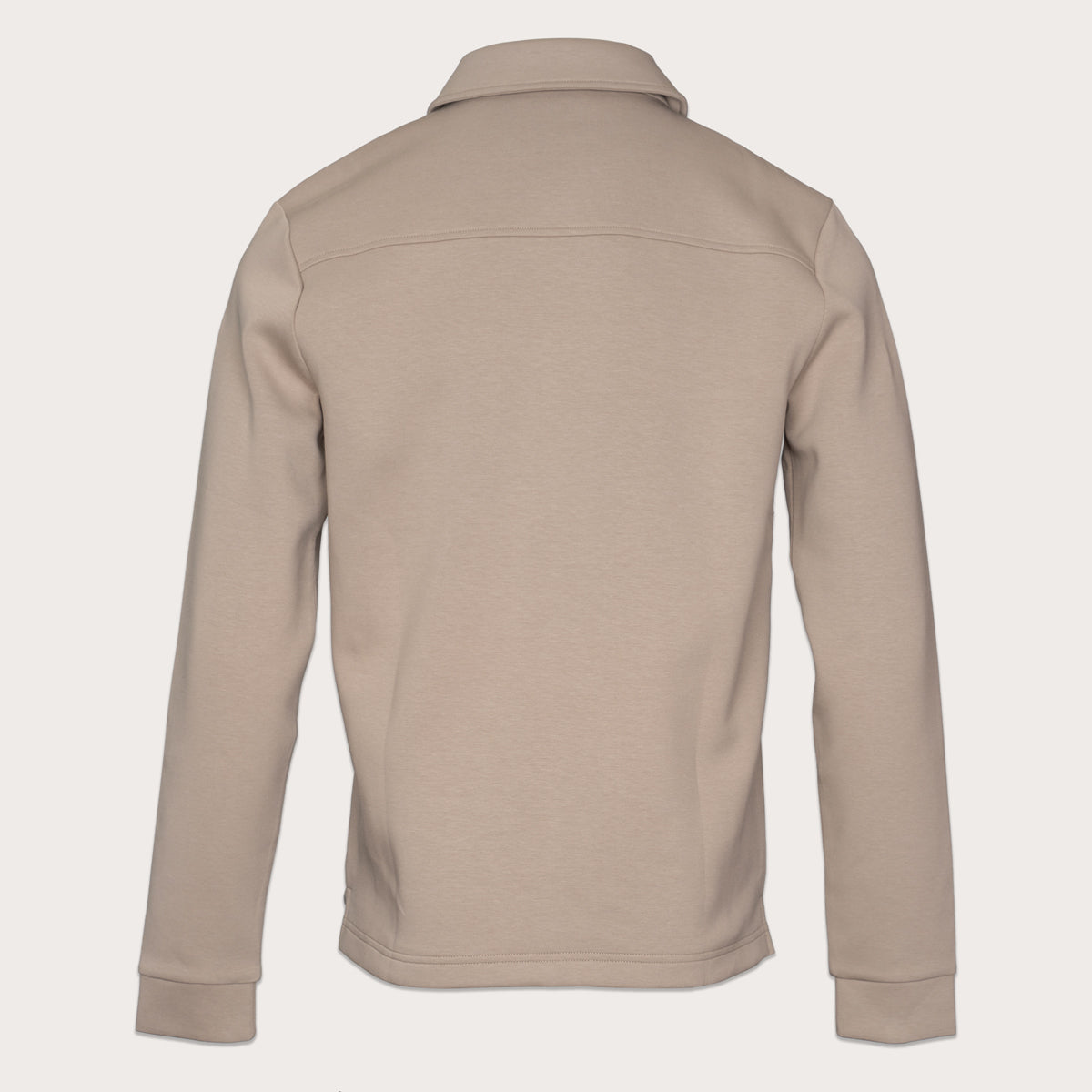 A light beige long-sleeve fleece pullover jacket shown from the back, featuring a collar and a horizontal seam across the upper back, set against a solid off-white background. Thomas Maine Sweats available at Sakks Menswear in Southampton.
