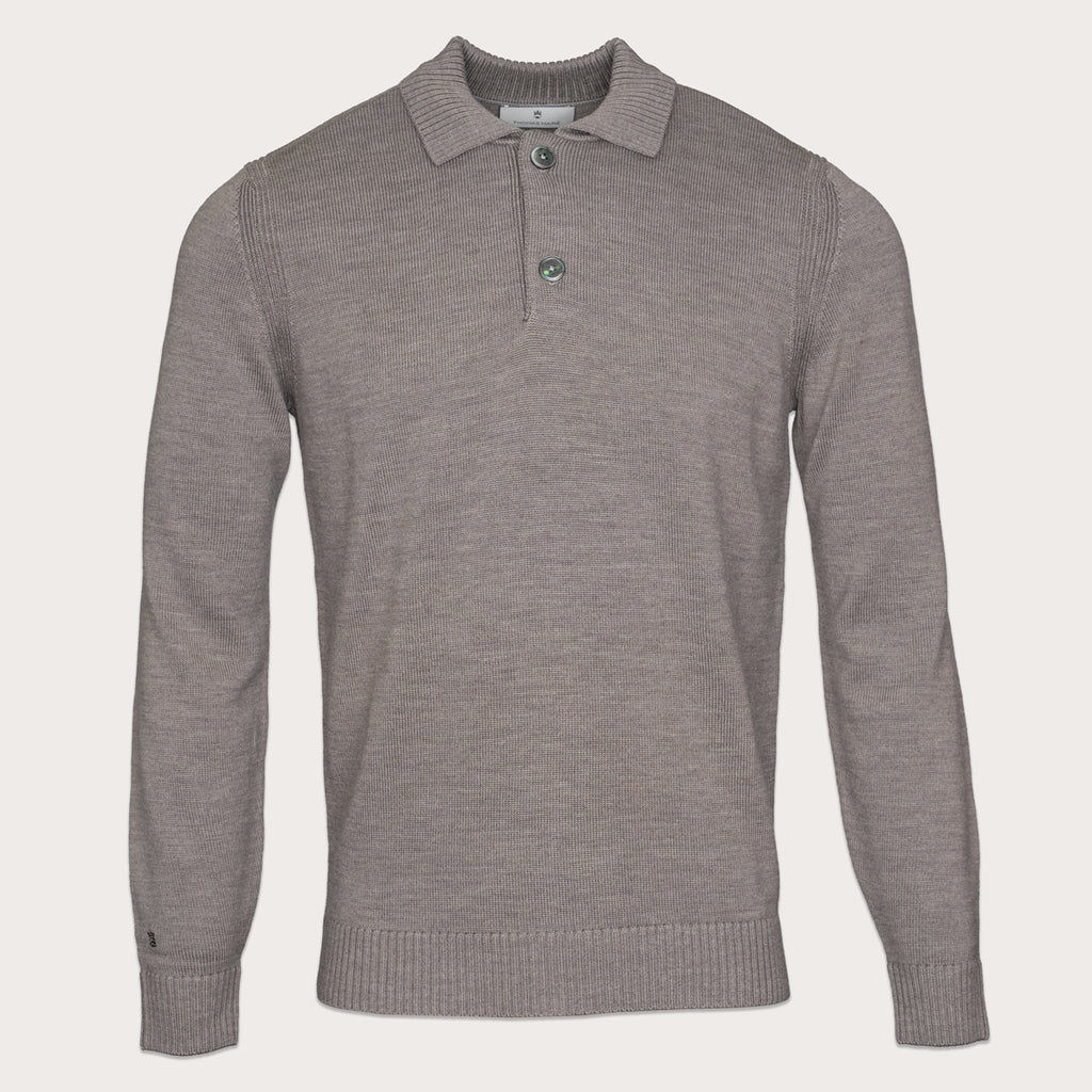 A long-sleeve knit polo sweater in a heathered taupe-gray color, featuring a ribbed collar, three-button placket, and ribbed cuffs and hem, shown against a solid off-white background. Thomas Maine Knitwear available at Sakks Menswear in Southampton.