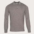 A long-sleeve knit polo sweater in a heathered taupe-gray color, featuring a ribbed collar, three-button placket, and ribbed cuffs and hem, shown against a solid off-white background. Thomas Maine Knitwear available at Sakks Menswear in Southampton.