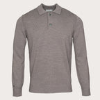 A long-sleeve knit polo sweater in a heathered taupe-gray color, featuring a ribbed collar, three-button placket, and ribbed cuffs and hem, shown against a solid off-white background. Thomas Maine Knitwear available at Sakks Menswear in Southampton.